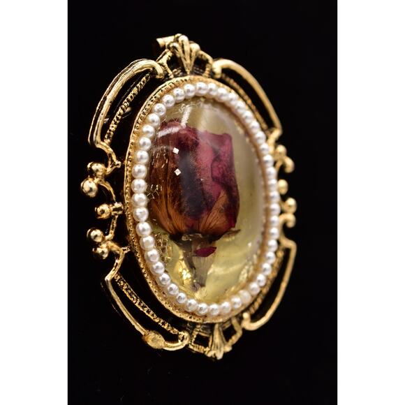 Vintage Dried Rosebud Flower Pin Brooch Antiqued Oval Romantic Chunky 70s BinBP - Picture 3 of 12